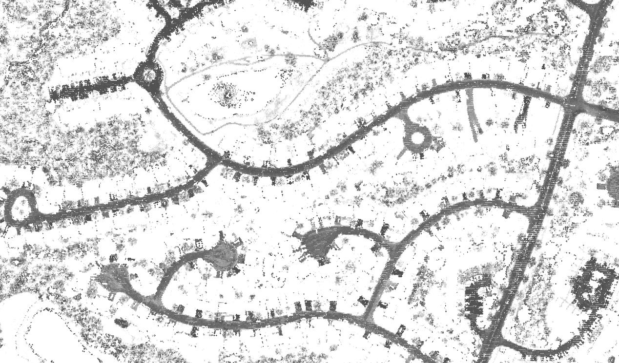 Point cloud colored by intensity to show roads 