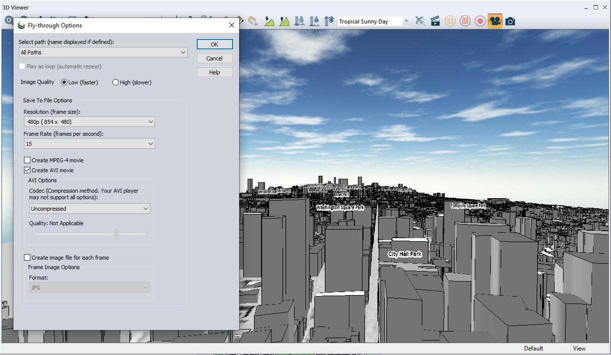 Settings that can be used to create a fly through path.