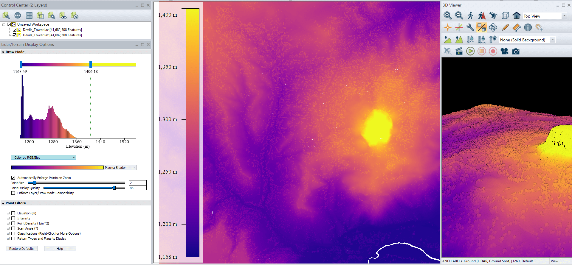 Lidar point cloud of Devils Tower