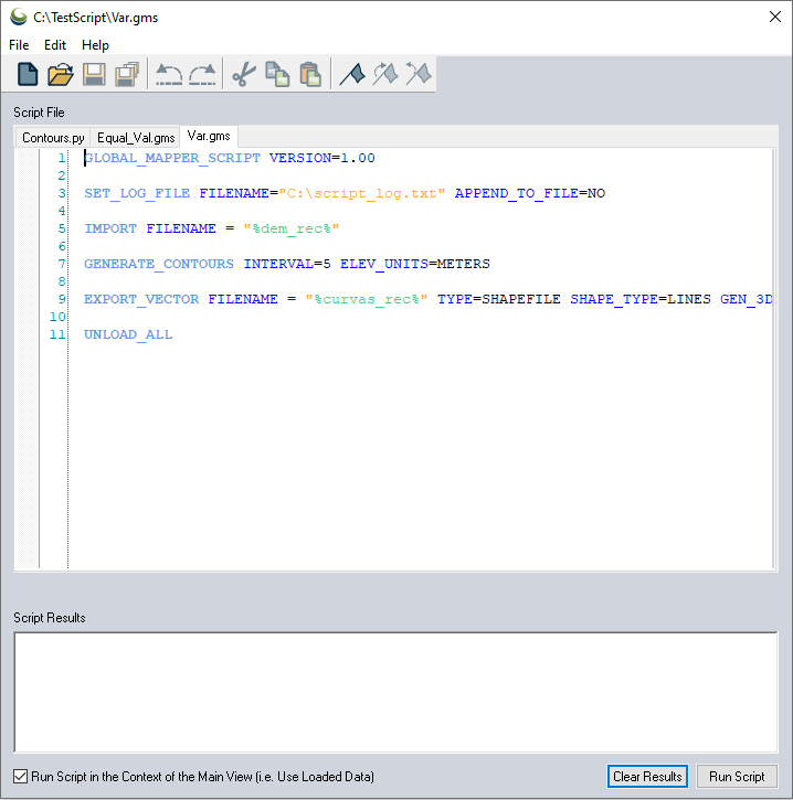 Screenshot of the Script editor tool in Global Mapper