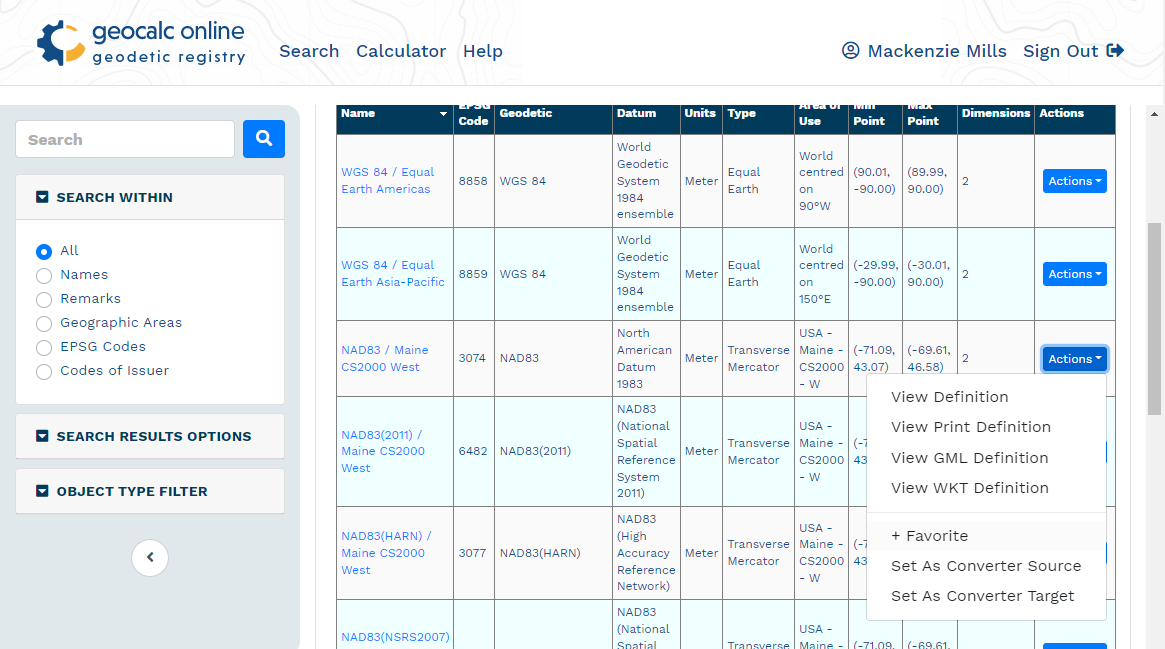 Search results in GeoCalc Online 