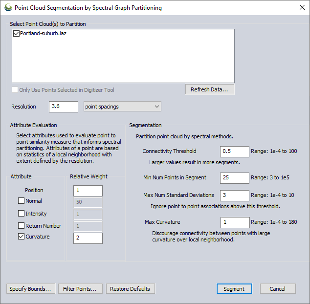 Screenshot of the segmentation dialog