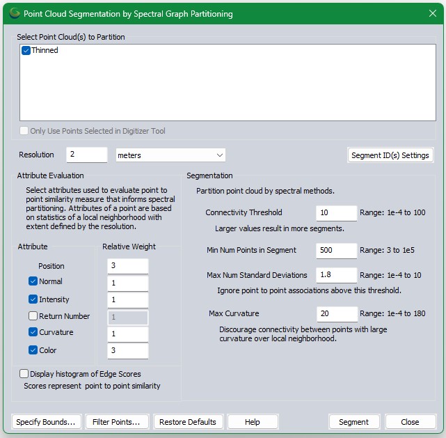 Global Mapper pro version 24.1 segmentation settings. 
