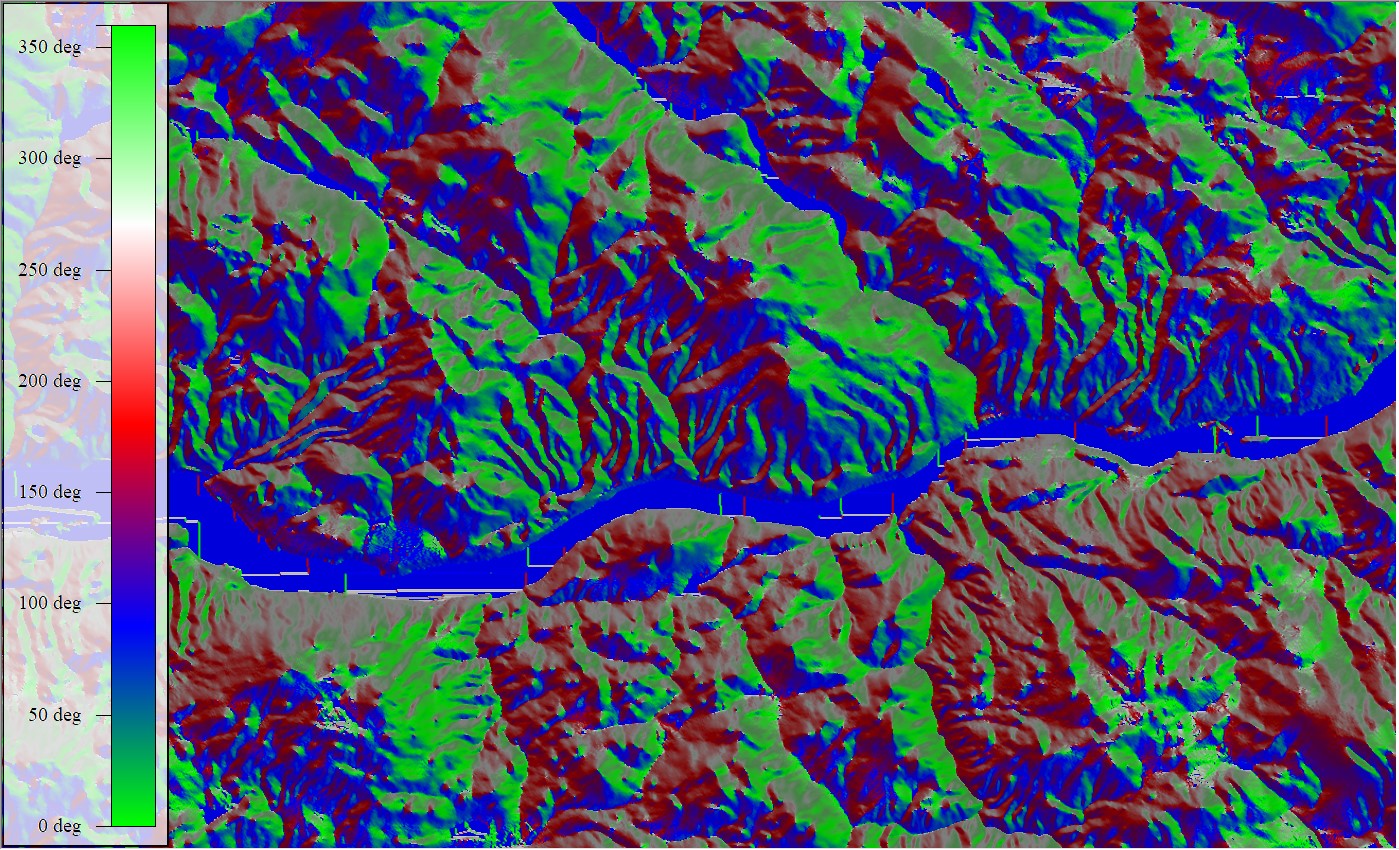 A river DEM where is cell is shaded to represent the azimuth direction it's facing. 