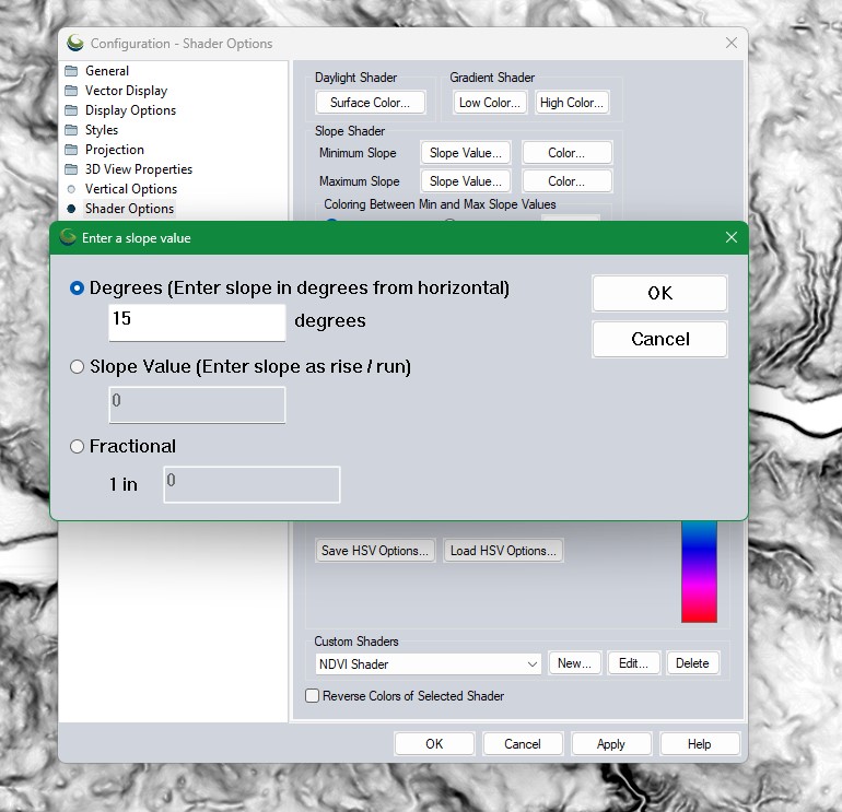 A screenshot of settings options in Global Mapper for editing slope shaders