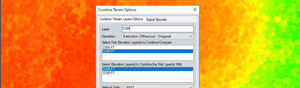 The "Combine Terrain Options" window in Global Mapper depicting a subtraction operation for the Canopy Height Model. It will subtract the value in one cell from the nearest cell in the other layer for all individual cells in the rasters.
