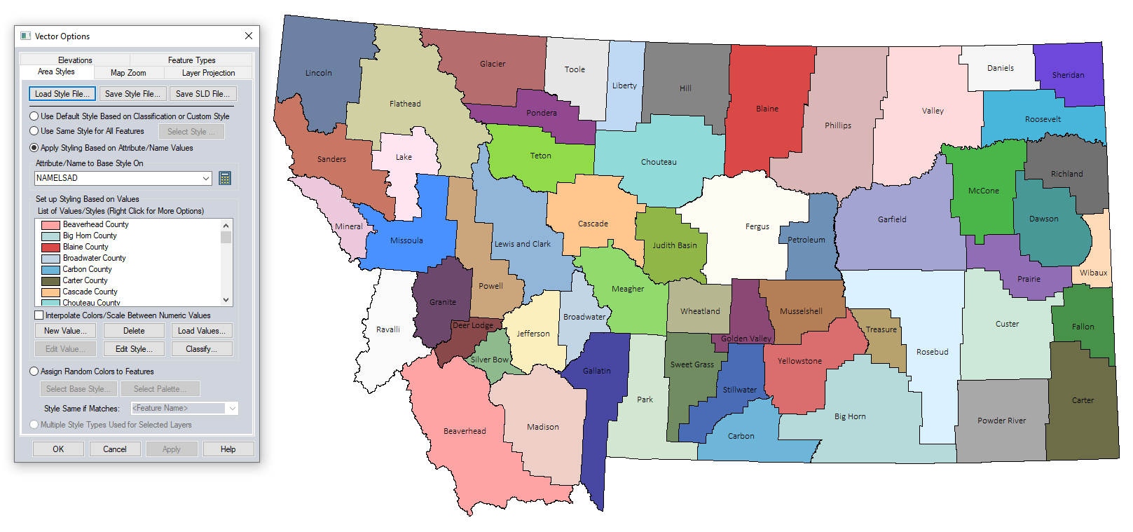 The state of Montana with a different color assigned to each county. 