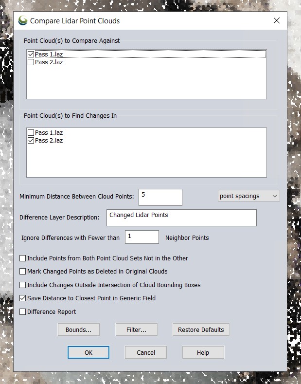 Global Mapper Compare Point Clouds tool interface