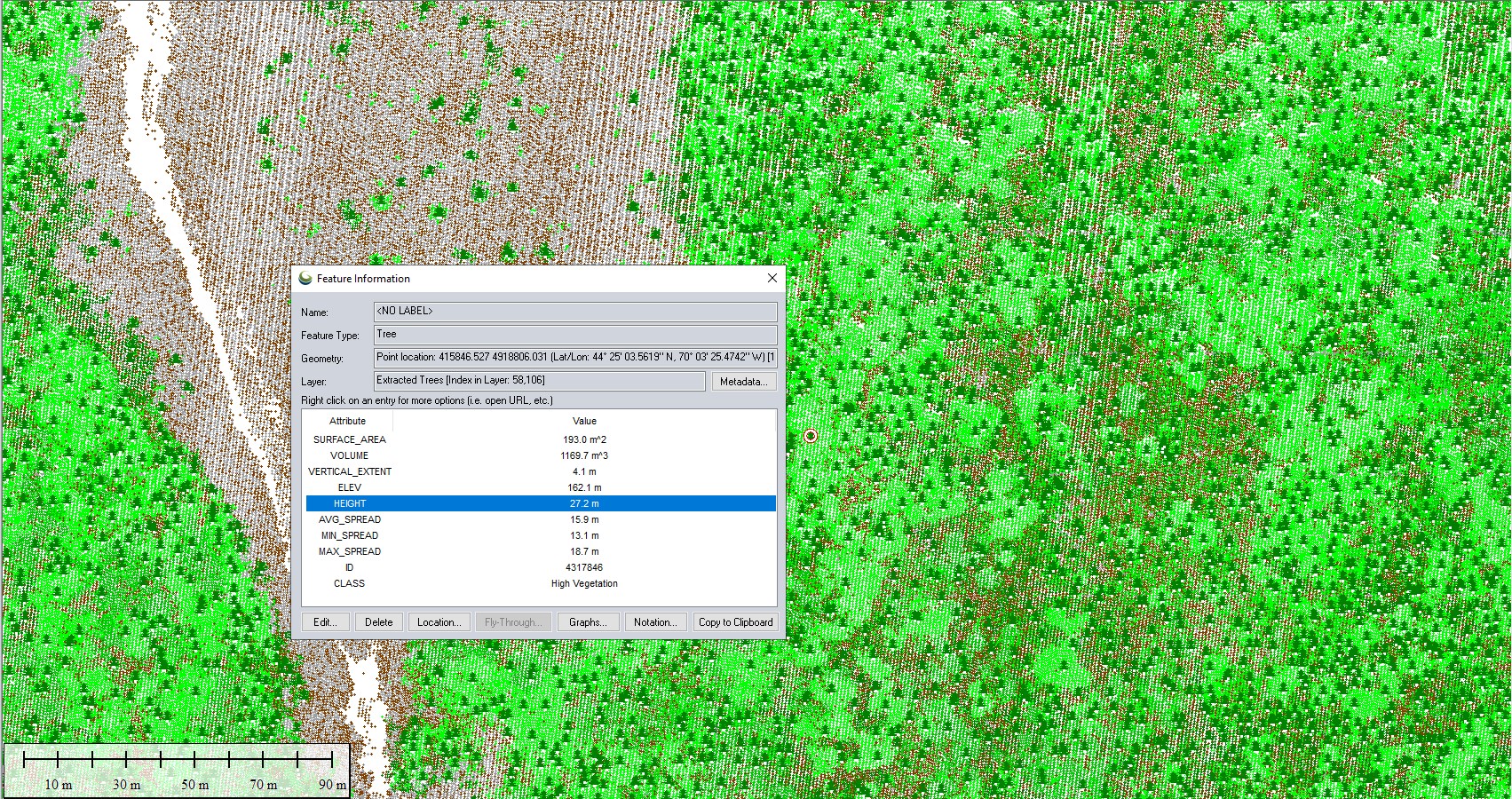 Identified tree features from lidar and their measured attributes 