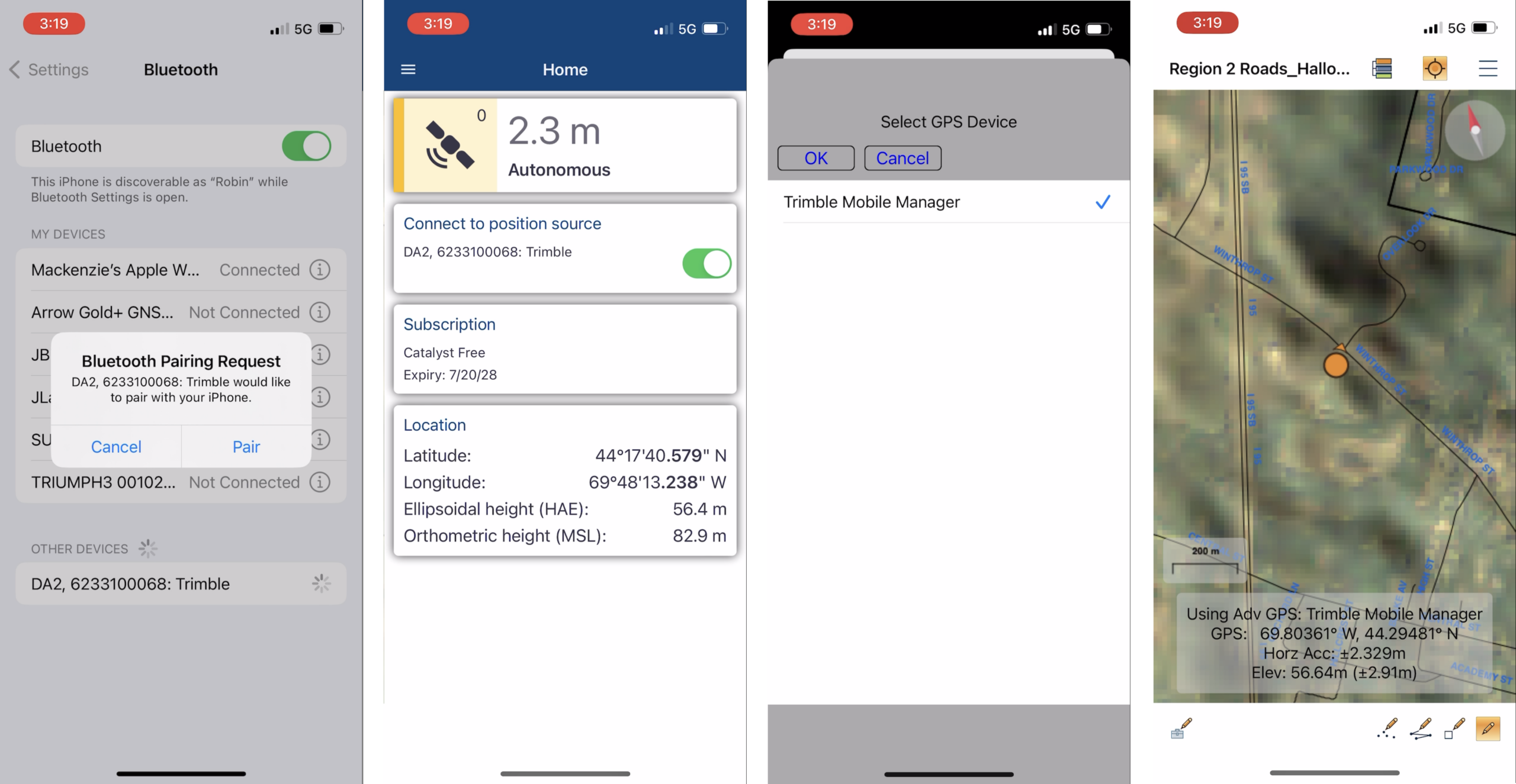 Step by step screenshots for connecting to a Trimble device. 