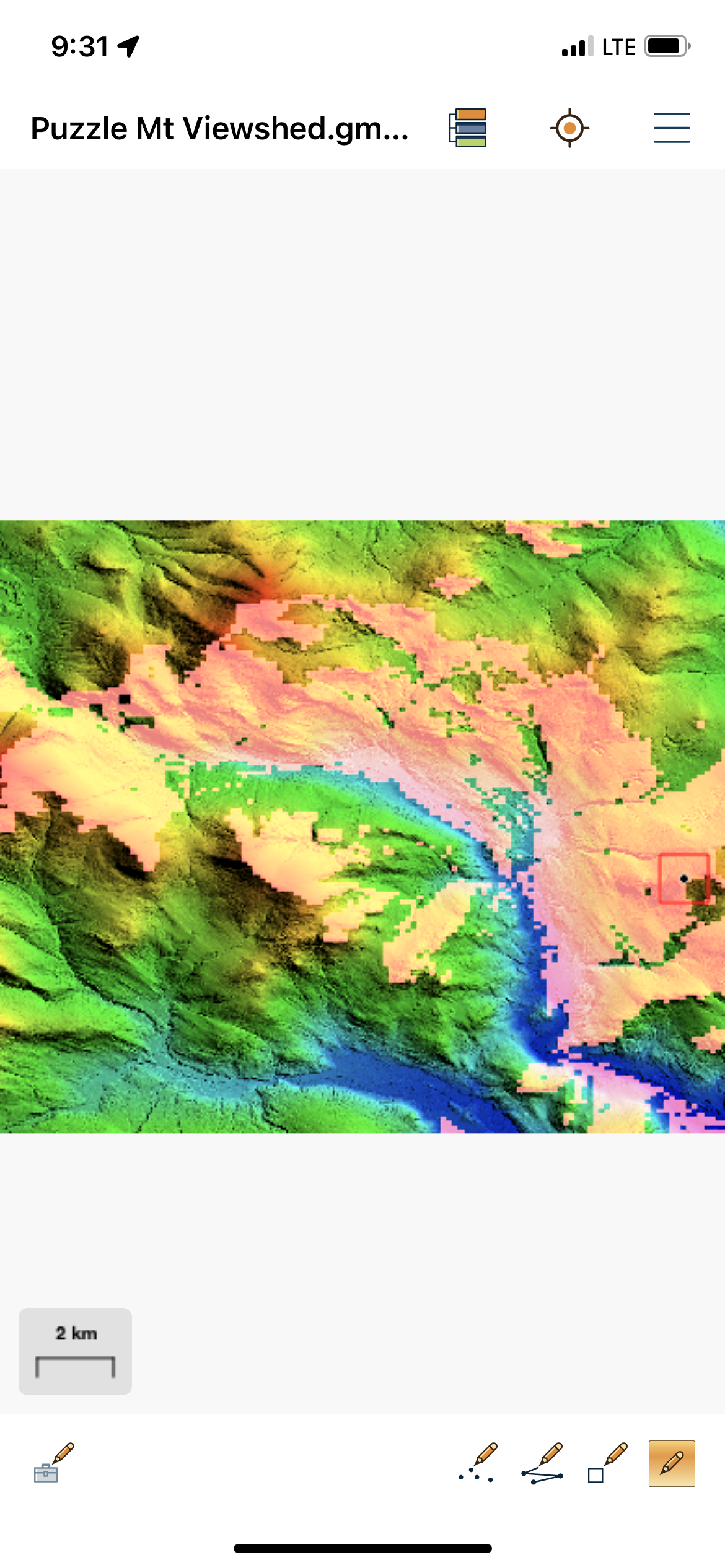 completed viewshed displayed highlighting areas visible in the first image