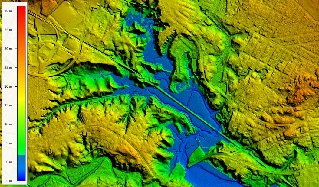 Water level elevation shading in Global Mapper on terrain data. 