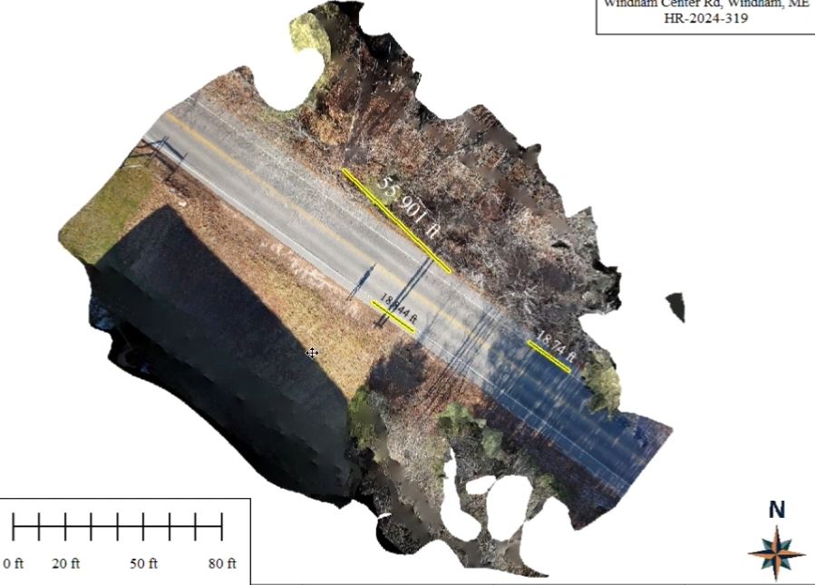 Map of the motor vehicle crash site in Global Mapper, measurements indicate distances between marks on the roadway. 