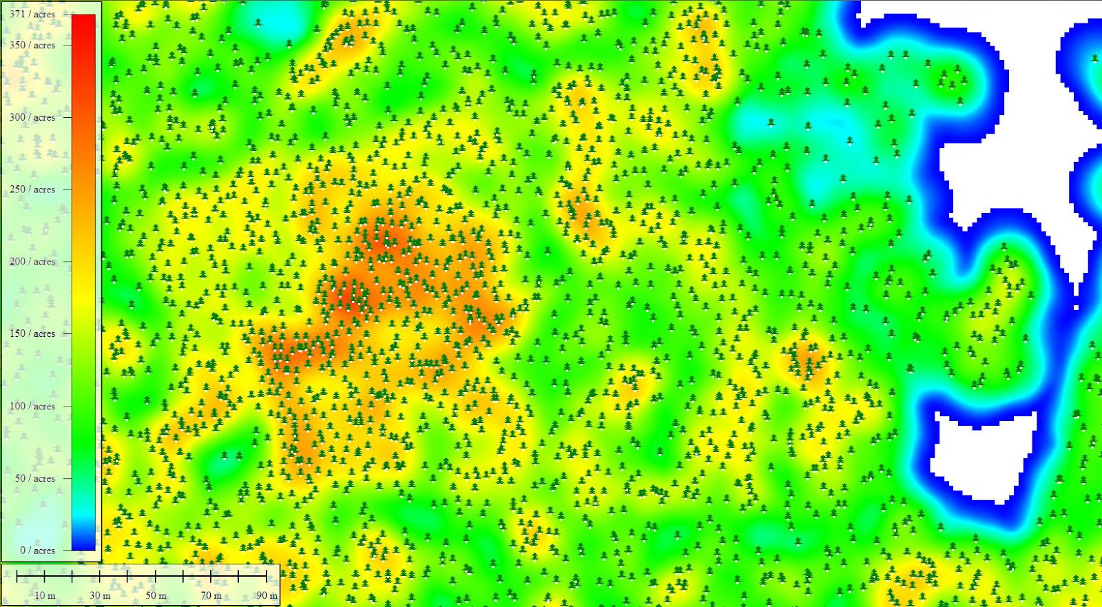 A cluster of trees highlighted by the forest density map 