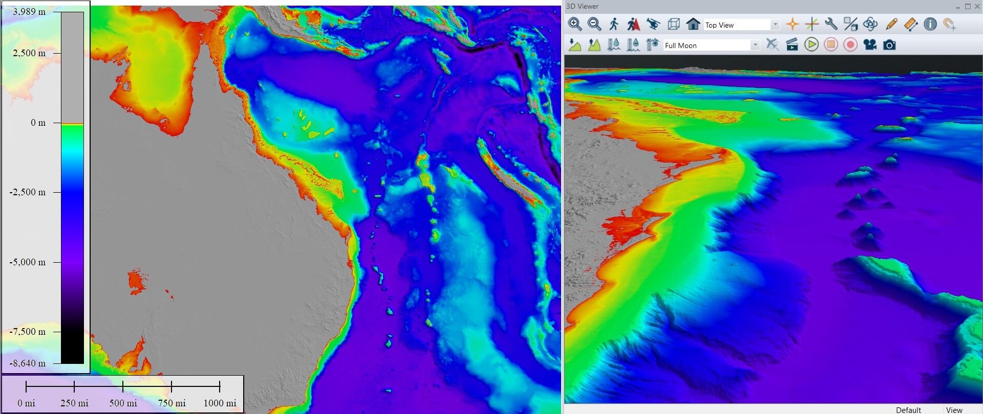 Visualizzazione 2D e 3D della costa australiana in Global Mapper
