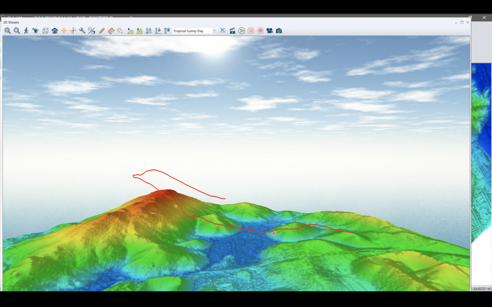 a fly though path line flying over terrain data in the 3d viewer