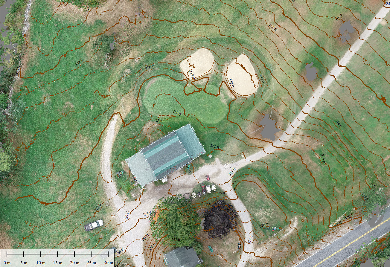 These contour lines, generated from a point cloud, visualize the change in elevation across the terrain.