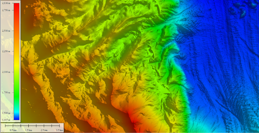 showing directional lighting causing shadows in Global Mapper terrain data. 