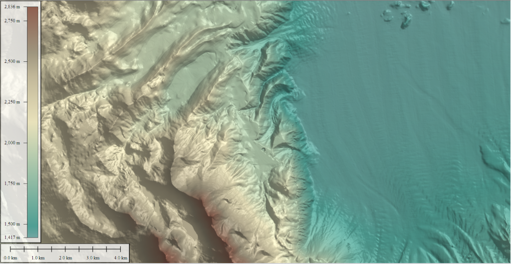 Hillshading and lighting applied to a custom shader in Global Mapper on terrain data. 
