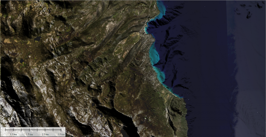 Hillshading showing through a satellite image image to display terrain changes. 