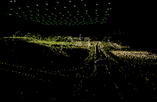 a very sparce point cloud below a set of cubes in the air representing camera location when the image was taken