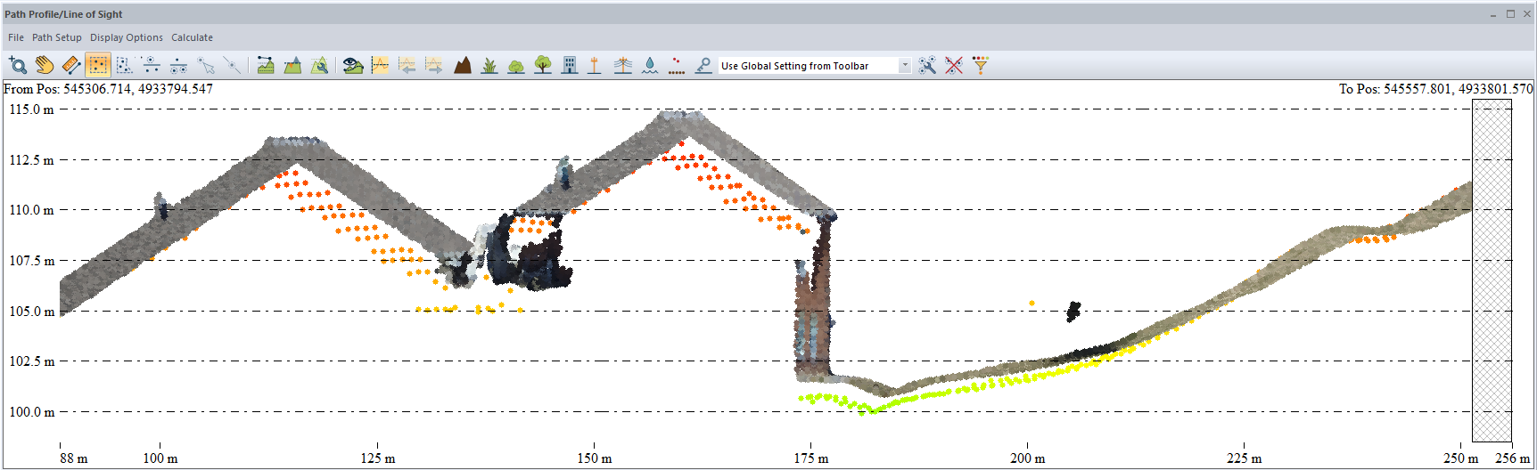 Elevation difference between point clouds as seen from a perpendicular perspective in Global Mapper Pro