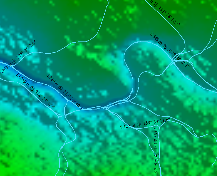 Segment length and bearings displayed on stream lines