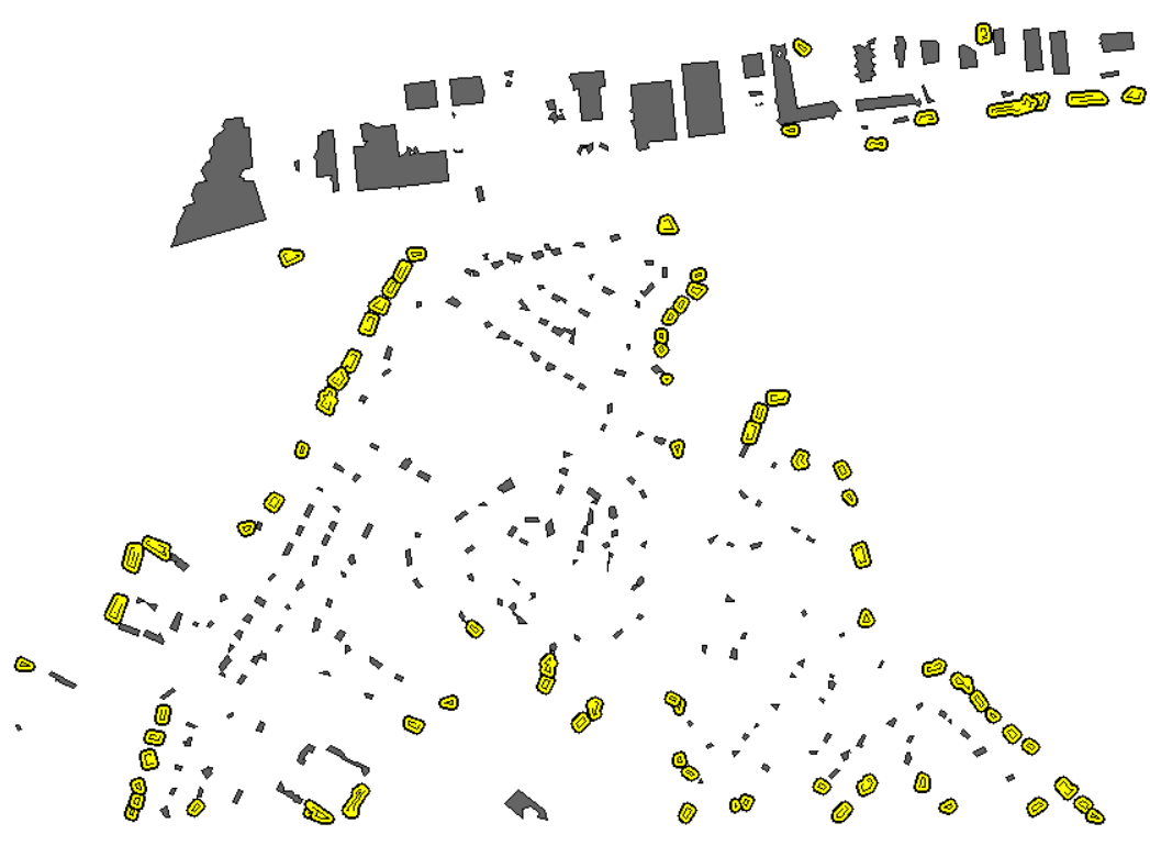 The selected buildings completely contained within the 50-foot forested buffer area