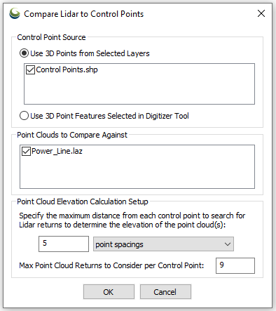 a screenshot of the Compare Lidar to Control Point dialog