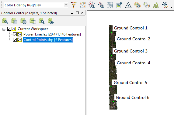This image shows the two overlapping layers of the lidar and the ground control points