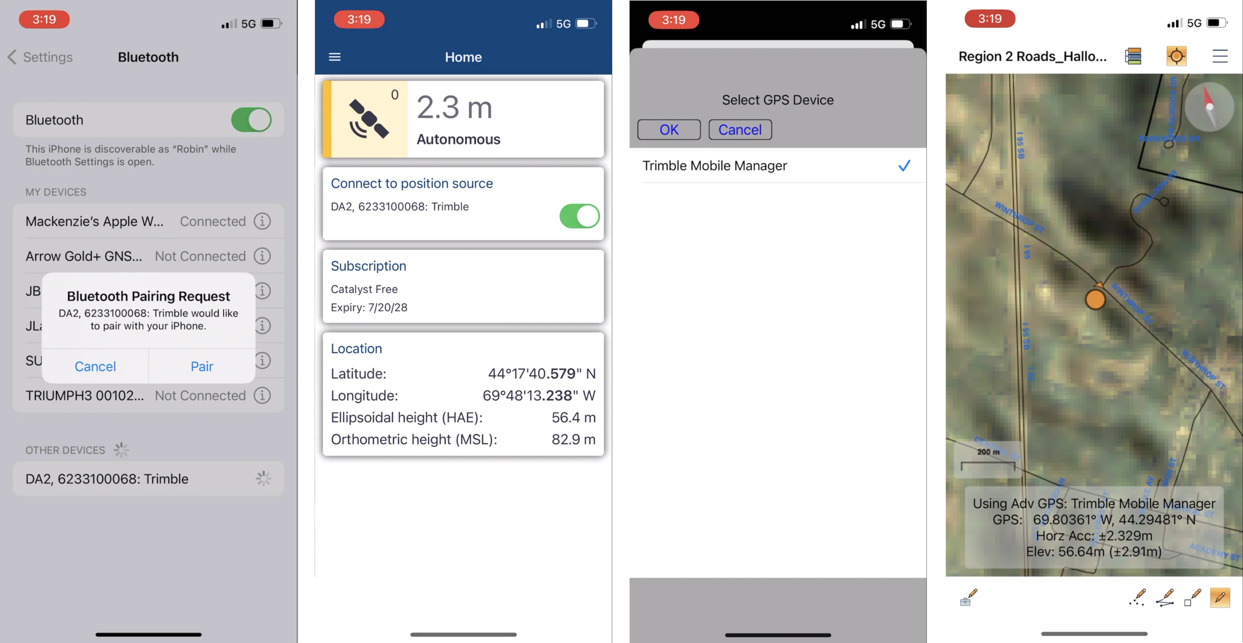 Step by step screenshots for connecting to a Trimble device. 